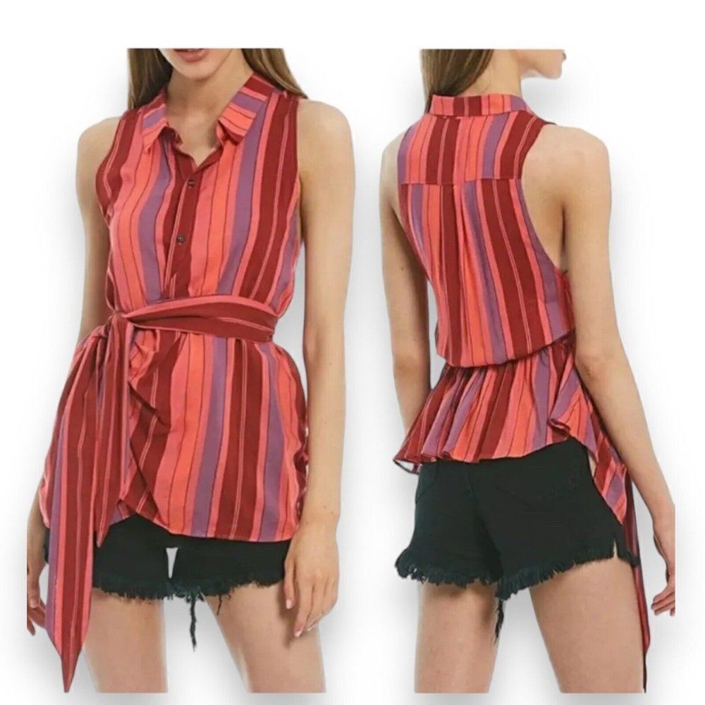 FREE PEOPLE Women's XS Floral Combo Stripe Mackenzie Wrap Button-Up Top Red Pink
